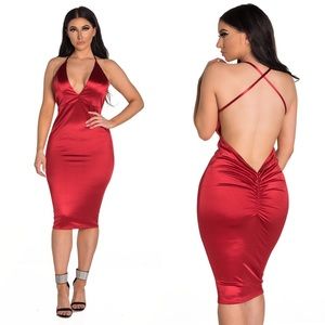 Red Satin Midi Dress With Open Back Detail
